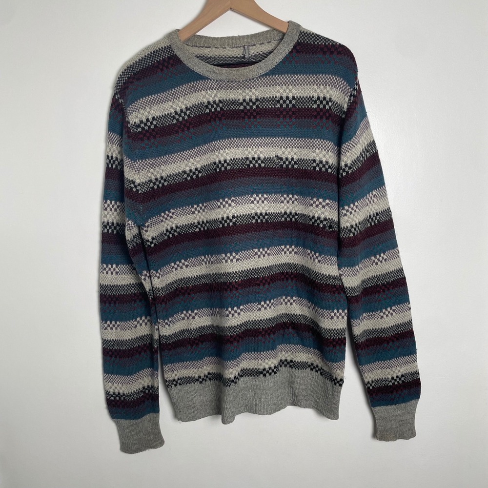 Vintage Fair Isle Sweater Mens Large Stripes Chunky Knit Eclectic Grandpa Retro